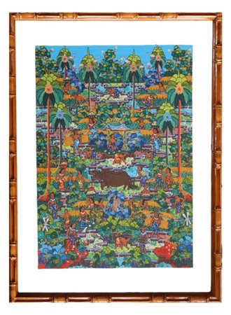 Pittore di Ubud (Bali), scena mitologica e cerimoniale con figure e animali