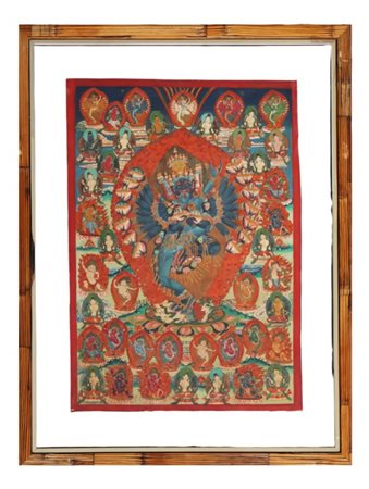 Dipinto religioso indiano raffigurante divinità policroma con figure minori