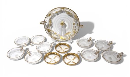 Servito da gelato in vetro intagliato e parzialmente dorato