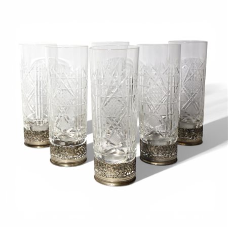 Servito da sei bicchieri da bibita in cristallo molato con base in argento 800