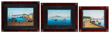 Scuola napoletana del XX secolo - Lotto di tre gouaches con vedute napoletane