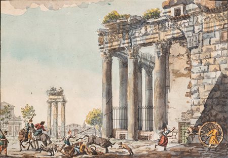 Scuola italiana fine XVIII - inizi XIX secolo - Il tempio di Antonino e Faustina nel Foro romano