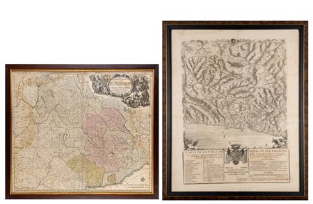 Due stampe con cartine geografiche di Genova e dei suoi territori e del Piemonte con il Monferrato