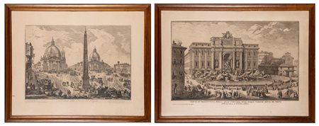 Due incisioni con vedute di Fontana di Trevi e Piazza del Popolo a Roma