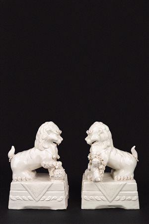 Coppia di cani di Pho in porcellana Blanc de Chine, secolo XX