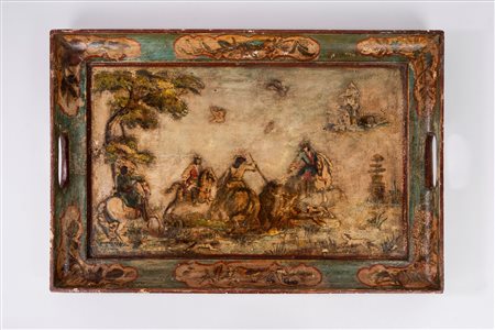 Vassoio rettangolare in legno laccato e decorato ad arte povera, con scena di caccia, Venezia secolo XVIII