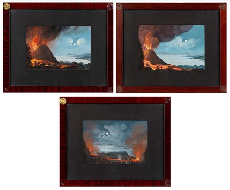 Scuola napoletana prima metà del XX secolo - Tre notturni con Vesuvio in eruzione