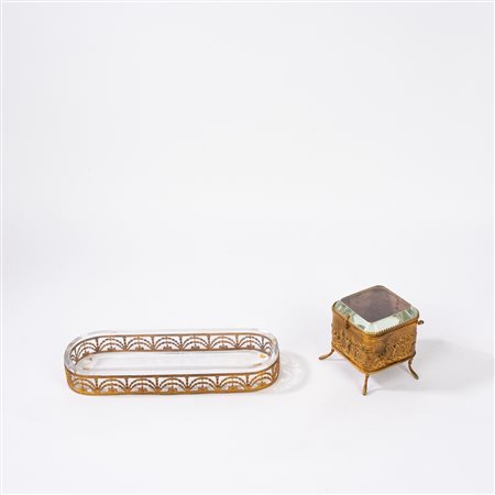 Svuotatasche in cristallo e bronzo e scatolina in ottone dorato con coperchio in cristallo