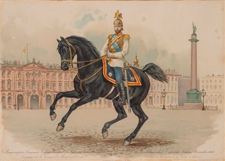 Stampa a colori raffigurante lo Zar Nicola II in uniforme del reggimento delle Guardie a Cavallo