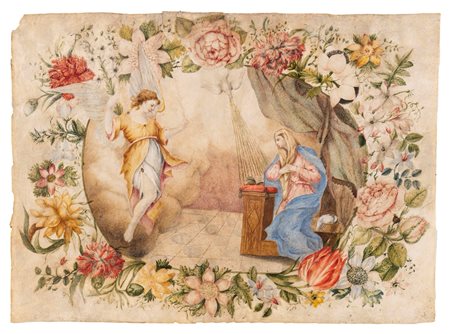 Scuola italiana, secolo XVIII - Annunciazione entro ghirlanda di fiori