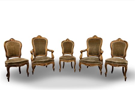 Salottino composto da due poltrone e tre sedie, secolo XIX