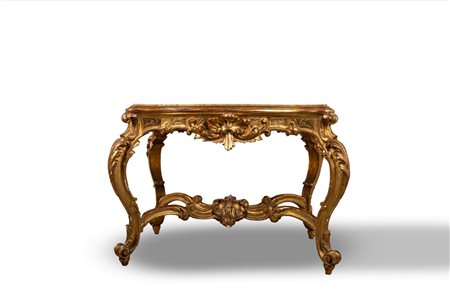 Tavolino in legno intagliato, dorato e laccato verde, con piano in alabastro, secolo XIX