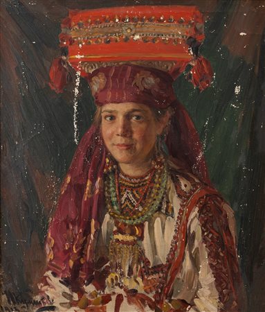 Scuola russa, fine secolo XIX - inizi secolo XX - Giovane donna in abito tradizionale russo, 1913
