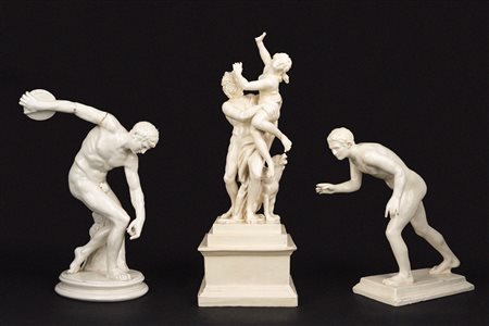 Lotto composto da tre sculture in maiolica bianca: Discobolo, Corridore e Ratto di Proserpina