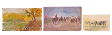 Filippo Mola (Civitavecchia 1849 - Brescia 1918)  - Due vedute di Melfi e uno con corteo a Saluzzo, 1916-1917