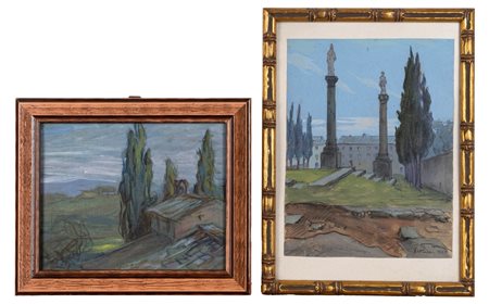 Pietro D'Achiardi (Pisa 1879 - Roma 1940)  - Lotto composto da scorcio di Volterra e paesaggio con cipressi, 1920