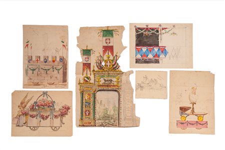 Enrico Mancini (Sassocorvaro 1867 - Città del Messico 1913)  - Lotto di ventuno studi per carri allegorici di Carnevale