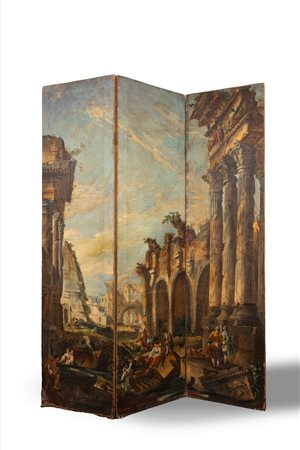 Angelo Visoni (Bergamo 1892 - 1956)  - Paravento con capriccio architettonico