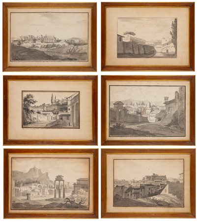 Scuola francese, fine secolo XVIII - inizio secolo XIX - Sei vedute di Roma