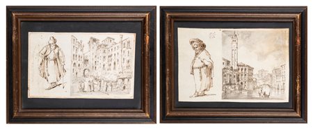 Maestro del Ricciolo, identificato con Giuseppe Latini (1903-1972) - Due disegni con vedute di Venezia e studi di personaggi