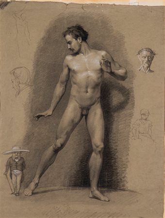Ettore Ferrari (Roma 1845 - 1929)  - Nudo virile con caricatura e studi di figura