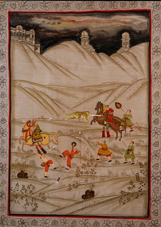 Dipinto su seta raffigurante scena di caccia alla tigre, Northern India
