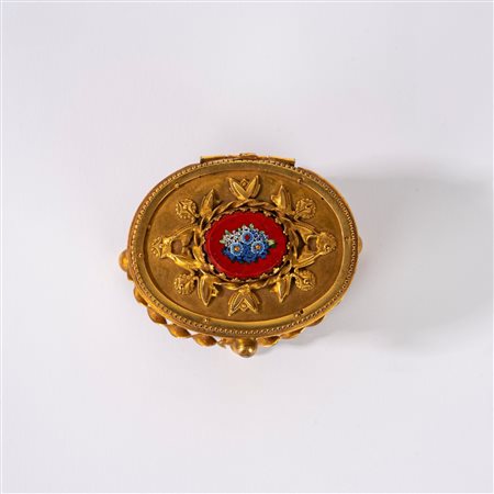 Scatolina in bronzo dorato con micromosaico sul coperchio, secolo XIX