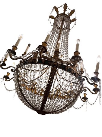 Grande lampadario a mongolfiera in bronzo dorato e cristallo, fine secolo XIX - inizi secolo XX