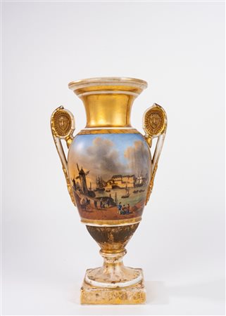 Vaso biansato in porcellana policroma e oro, Francia secolo XIX