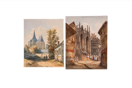 Scuola europea, secolo XIX - Lotto di due vedute europee con chiese gotiche