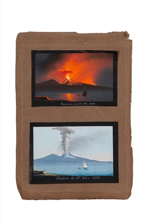 Scuola napoletana, secolo XIX - Due gouaches su carta raffiguranti vedute del Vesuvio in eruzione