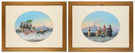 Scuola napoletana, fine del XIX secolo - inizi del XX secolo - Due gouaches su carta raffiguranti scene di vita popolare a Napoli