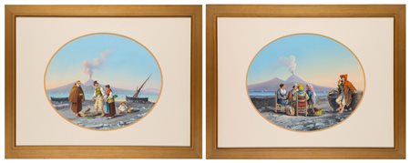 Scuola napoletana, fine del XIX secolo - inizi del XX secolo - Due gouaches su carta raffiguranti scene di vita popolare a Napoli