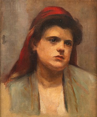 Scuola europea, secolo XIX - Ritratto di donna velata in rosso