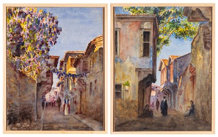 Francesco Perilla (1874 - 1954)  - Coppia di acquerelli con scorci di Kos, 1929