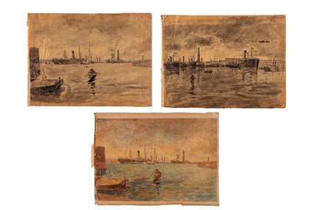 Filippo Mola (Civitavecchia 1849 - Brescia 1918)  - Tre vedute del porto di Genova, 1914