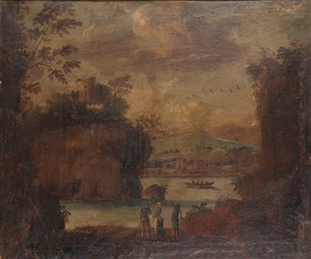 Scuola italiana, secolo XVII - Paesaggio fluviale con astanti e borgo turrito