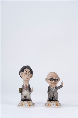 Coppia di figurine caricaturali in porcellana policroma raffiguranti E. Berlinguer e A. Fanfani. Capodimonte, secolo XX