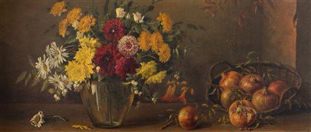 Scuola italiana, secolo XIX - Natura morta con vaso di fiori e melograni