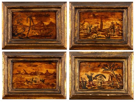 Quattro incisioni colorate a mano applicate su tavola con motivi a chinoiserie, secolo XIX