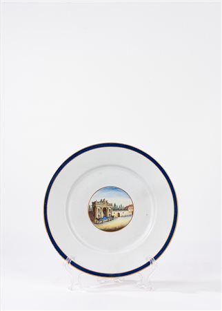 Piatto in porcellana con veduta della Fontana di Termini a Roma, manifattura Ginori a Doccia, inizi secolo XIX