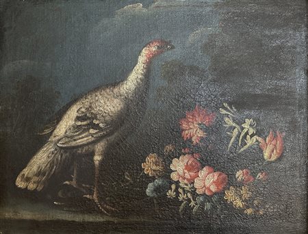 Scuola italiana, secolo XVIII - Natura morta con fagiano e fiori en plein air