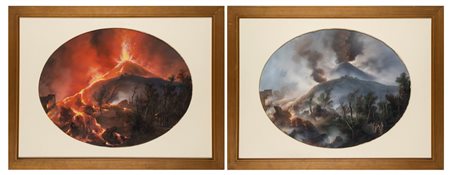 Scuola napoletana, fine del XIX secolo - inizi del XX secolo - Due gouaches su carta raffiguranti l'eruzione del Vesuvio