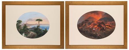 Scuola napoletana, fine del XIX secolo - inizi del XX secolo - Due gouaches su carta raffiguranti eruzione notturna del Vesuvio e veduta del golfo di Napoli