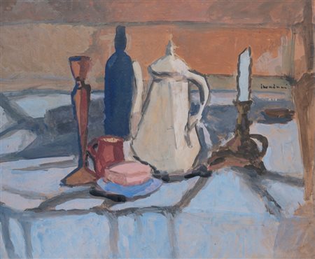 Scuola italiana, secolo XX - Natura morta con bottiglie e candelieri