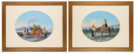 Scuola napoletana, fine del XIX secolo - inizi del XX secolo - Due gouaches su carta raffiguranti scene di vita popolare a Napoli