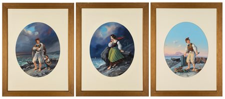 Scuola napoletana, fine del XIX secolo - inizi del XX secolo - Tre gouaches su carta raffiguranti personaggi popolari napoletani