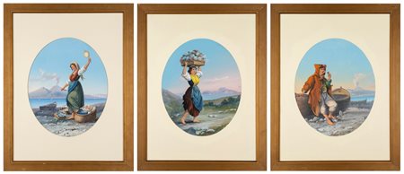 Scuola napoletana, fine del XIX secolo - inizi del XX secolo - Tre gouaches su carta raffiguranti personaggi popolari napoletani