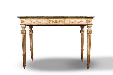 Console Luigi XVI in legno intagliato, laccato e dorato, secolo XVIII