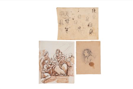 Scuola italiana del XIX secolo - Lotto di due studi di volti e uno con Madonna con Bambino